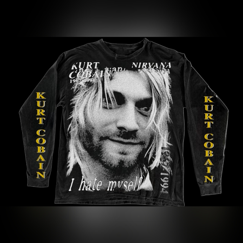 Kurt Cobain I Hate Myself Long Sleeve On SHAKA HEAVYWEIGHT GARMET DYED T SHIRT